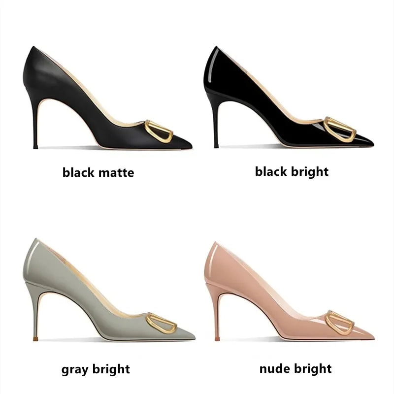 Fashion Gray Bright High Heeled Pumps with V Buckle Spring Summer Sandals Pointed Toe Genuine Leather Heels