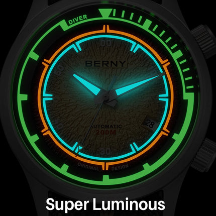 BERNY Titanium Diver Watches for Men 20ATM Super Luminous Automatic Mechanical Men's Dive Watch Sapphire Swim Diving Wristwatch