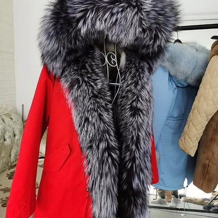 Winter Long Jacket Real Fur Coat Women Clothes Large Silver Fox Fur Collar Detachable Natural Fox Lining Parkas Leather Fur