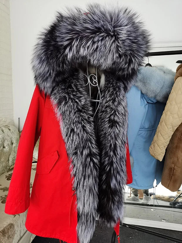Winter Long Jacket Real Fur Coat Women Clothes Large Silver Fox Fur Collar Detachable Natural Fox Lining Parkas Leather Fur