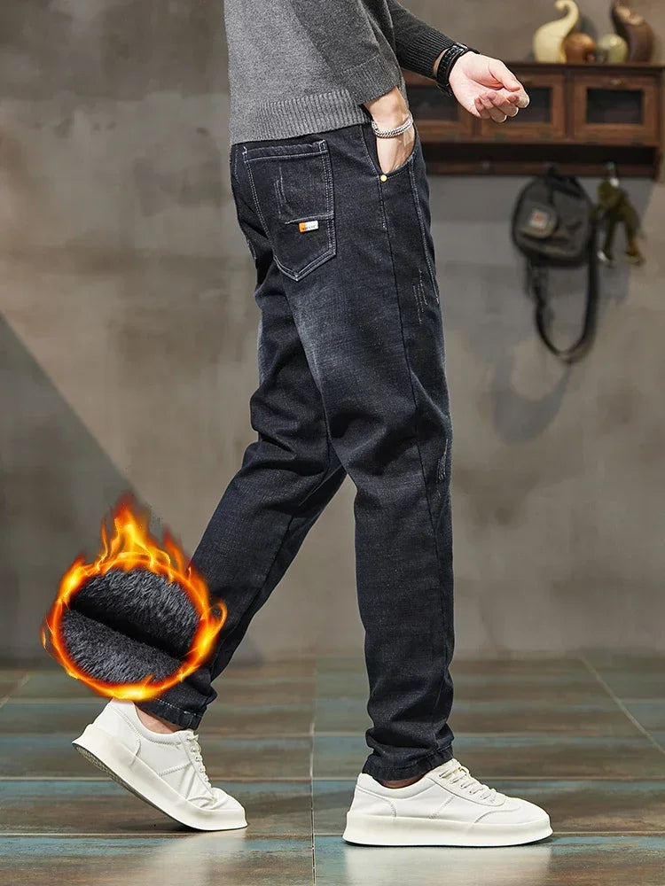 Men's Thick Winter Jeans Slim Elastic Velvet Warm Business Casual Trousers Fashion Vintage Straight Male Plush Denim Pants