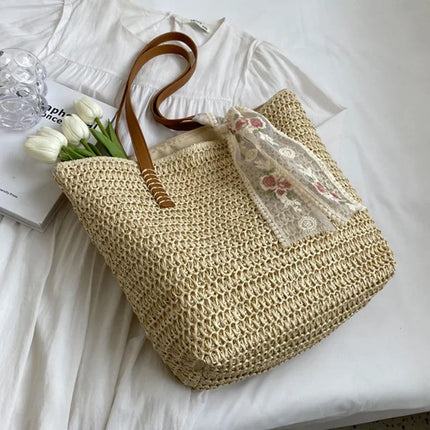 Large Capacity Summer Tote Bag, Women's Hand-Woven Shoulder Bag, Fresh Rural Style