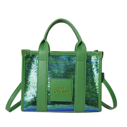 Sequins Top-Handle Bags Fashion PU Leather Shoulder Bag Large Capacity Travel Handbag Women Trendy Casual Satchel Tote Purse PlatiNum