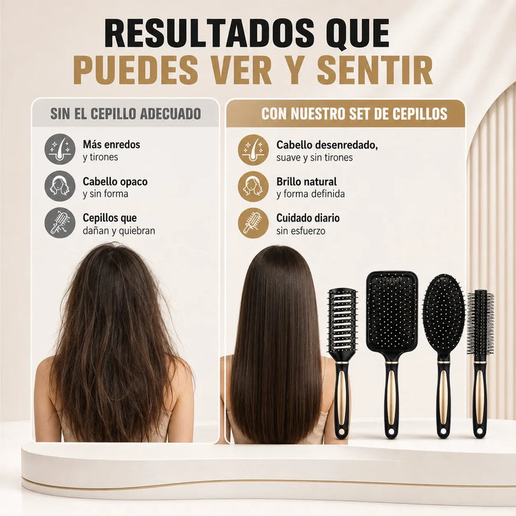 Set of 4 Professional Hairbrushes for Detangling and Styling, Set of Pneumatic and Skeleton Brushes for Straight, Curly or Wavy Hair, Black with Gold