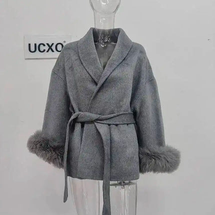 UCXQ Elegant Woolen Coat Temperament Office Lady Overcoats Fur Patchwork Long Sleeve Beautiful Women's Coats 2025 Winter New