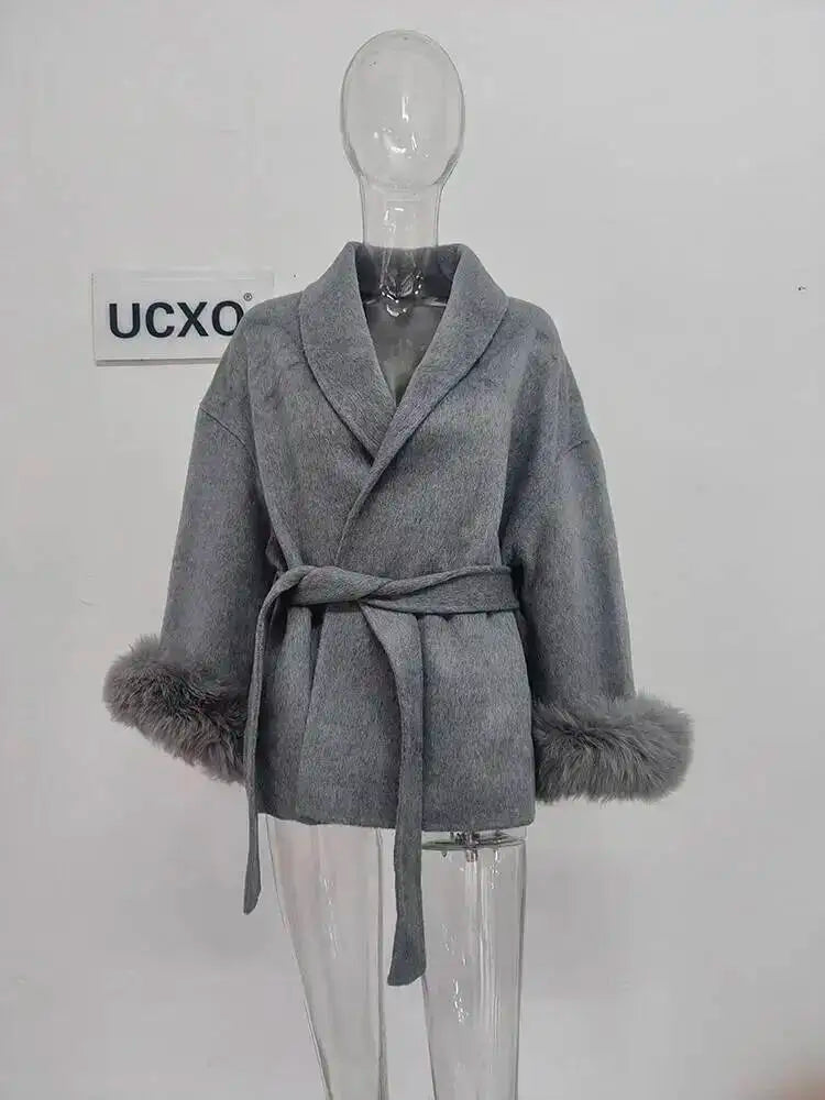 UCXQ Elegant Woolen Coat Temperament Office Lady Overcoats Fur Patchwork Long Sleeve Beautiful Women's Coats 2025 Winter New