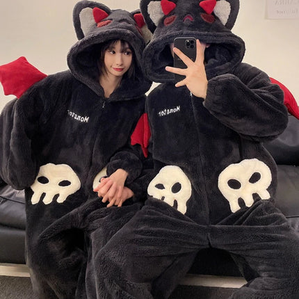 Cartoon Devil Pajamas Couples Women Men Onesie Sleepwear Winter Thicken Hooded Loungewear Coral Fleece Homewear Pijama Disfraz