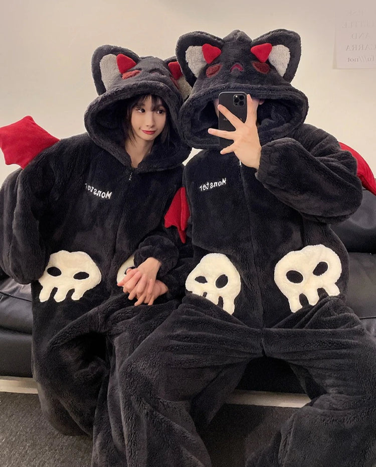 Cartoon Devil Pajamas Couples Women Men Onesie Sleepwear Winter Thicken Hooded Loungewear Coral Fleece Homewear Pijama Disfraz