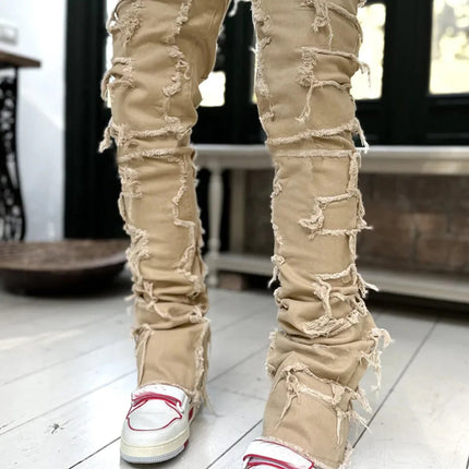 Men's Regular Fit Stacked Jeans Ripped Slim Fit Patch Distressed Destroyed Straight Denim Pants Hip Hop Streetwear Trouser Cloth PlatiNum