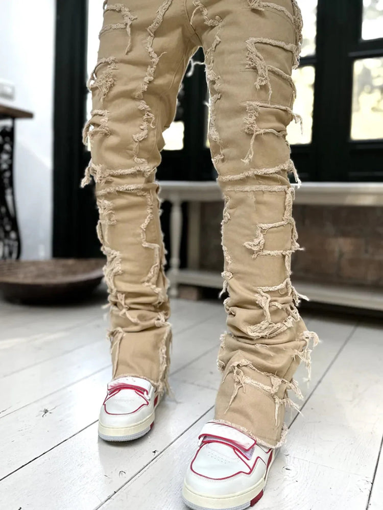 Men's Regular Fit Stacked Jeans Ripped Slim Fit Patch Distressed Destroyed Straight Denim Pants Hip Hop Streetwear Trouser Cloth PlatiNum