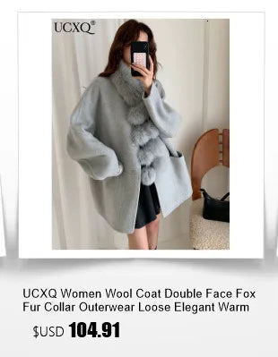 UCXQ Elegant OL Office Lady Overcoats Fur Patchwork Long Sleeve Woolen Coat Beautiful Women's Clothing Jacket Autumn 2025 Winter