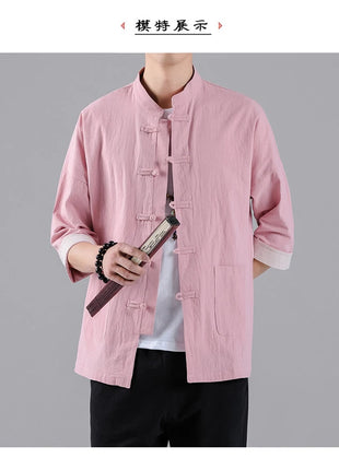 Camicie in Stile Cinese per Uomo, Top Tradizionale Tang in Lino a Mezza Manica, Camicia Kung Fu Hanfu Vintage Casual, Taglie Grandi fino a 5XL