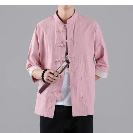 Camicie in Stile Cinese per Uomo, Top Tradizionale Tang in Lino a Mezza Manica, Camicia Kung Fu Hanfu Vintage Casual, Taglie Grandi fino a 5XL