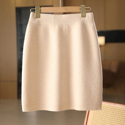 Autumn Winter Women Wool Skirt Elastic Waist Mini Slim Fit Cashmere Skirts 100% Merino Wool Knitted Office Lady Above Knee Dress PlatiNum