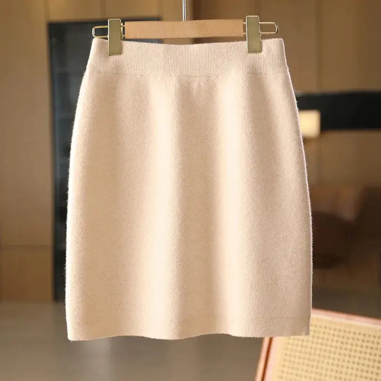 Autumn Winter Women Wool Skirt Elastic Waist Mini Slim Fit Cashmere Skirts 100% Merino Wool Knitted Office Lady Above Knee Dress PlatiNum