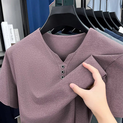 New Men's Casual and Fashionable Three Button V-neck Solid Color Short Sleeved T-shirt Summer Versatile Top PlatiNum