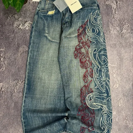 Y2K Street Retro Jeans Donna Pantaloni larghi con stampa totem screziati Moda Hip Hop Trend Coppia allentata Pantaloni larghi a gamba larga dritti americani