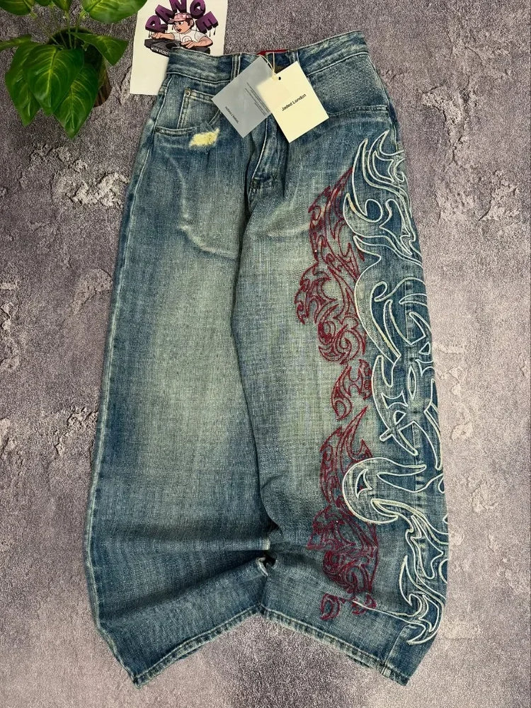 Y2K Street Retro Jeans Donna Pantaloni larghi con stampa totem screziati Moda Hip Hop Trend Coppia allentata Pantaloni larghi a gamba larga dritti americani