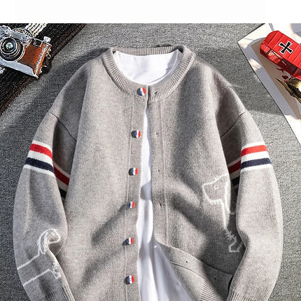 Designer Brand Long Sleeve Knitted Cardigan Men's New Trend Color Blocked Button Design Couple's Casual Warm Round Neck Coat
