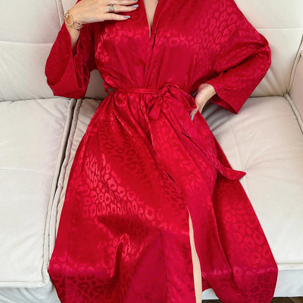 Vestaglia da notte con stampa leopardata, manica lunga, scollo a V, con cintura, pigiama da donna