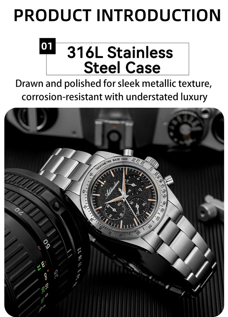 ADDIESDIVE Watch New 37mm Chronograph Men Quartz Wristwatch Domed Glass 316L Stainless Steel 100m Waterproof C3 Luminous AD2552