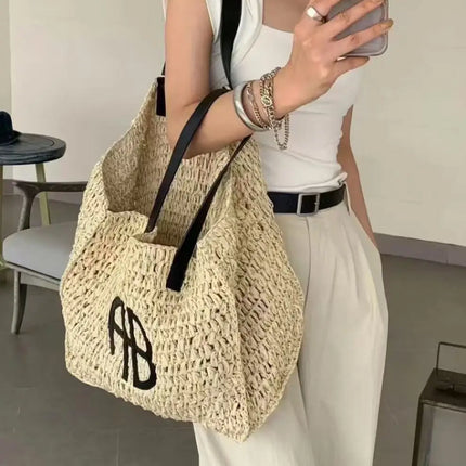Large Capacity AB Letter Woven Straw Tote Bag, Beach Vacation Women's Striped RIO City Simple Style Casual Travel Bag