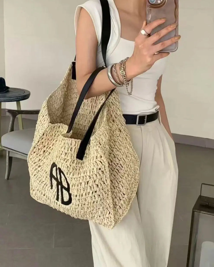 Borsa tote in paglia intrecciata con lettera AB di grande capacità, per vacanze al mare, da donna, a righe, RIO City, stile semplice, borsa da viaggio casual