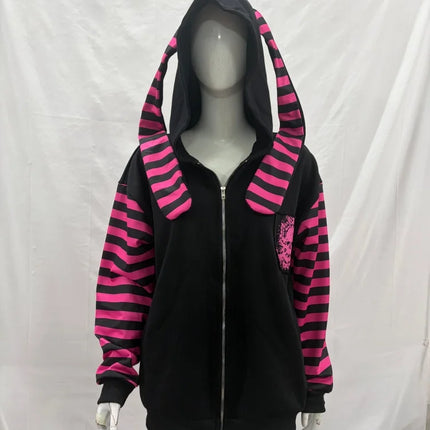 2026 Dark Pink Black Punk Skeleton Printed Striped Sleeve Hoodie Street Style Women's Zipper Cardigan Wholesale