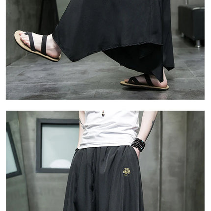 Nuovi pantaloni da uomo a gamba larga ricamati pantaloni Harajuku oversize larghi casual samurai pantaloni lanterna tradizionali retrò giapponesi da uomo