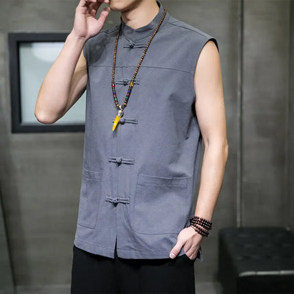 Canotte da uomo senza maniche in cotone stile cinese, gilet casual vintage, gilet estivi traspiranti, magliette larghe da uomo, abito Tang