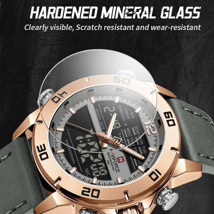 NAVIFORCE Orologio alla moda da uomo con cinturino in vera pelle Movimento al quarzo resistente all'acqua 30M Display luminoso con giorno e data F platinumshop