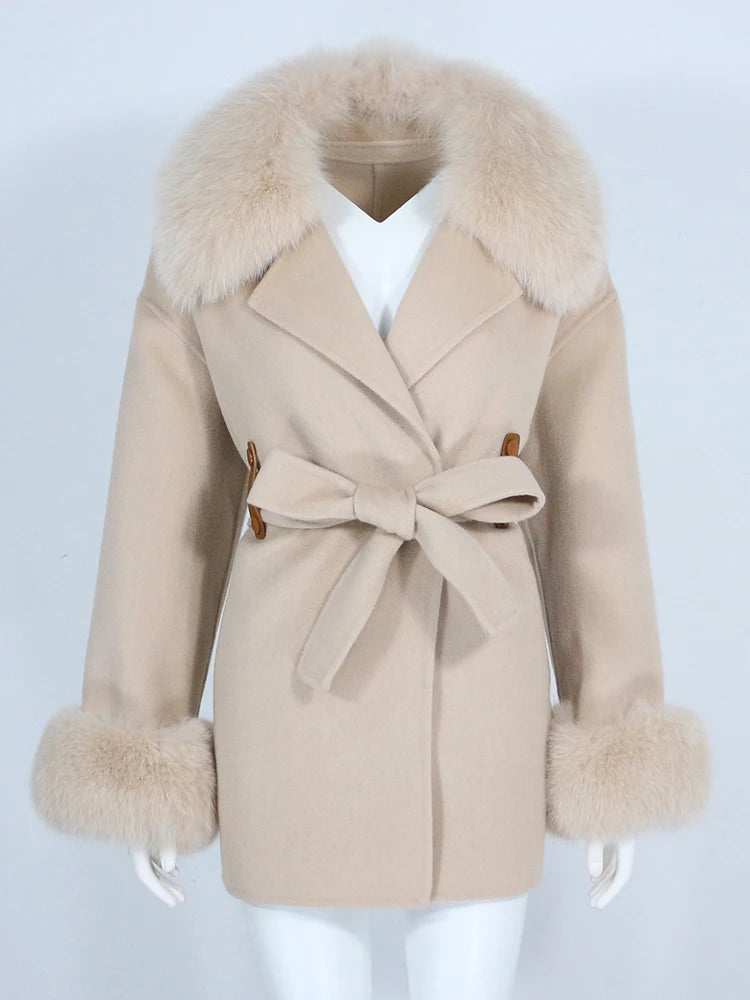 OFTBUY Real Fur Coat Winter Jacket Women Natural Fox Fur Collar Cuffs Belt Cashmere Wool Woolen Ladies Outerwear Streetwear