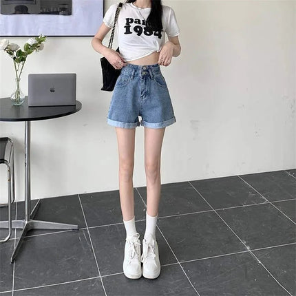 Women's summer thin denim shorts with loose fit high waist slimming effect wide legs and rolled edge hot pants for outerwear PlatiNum