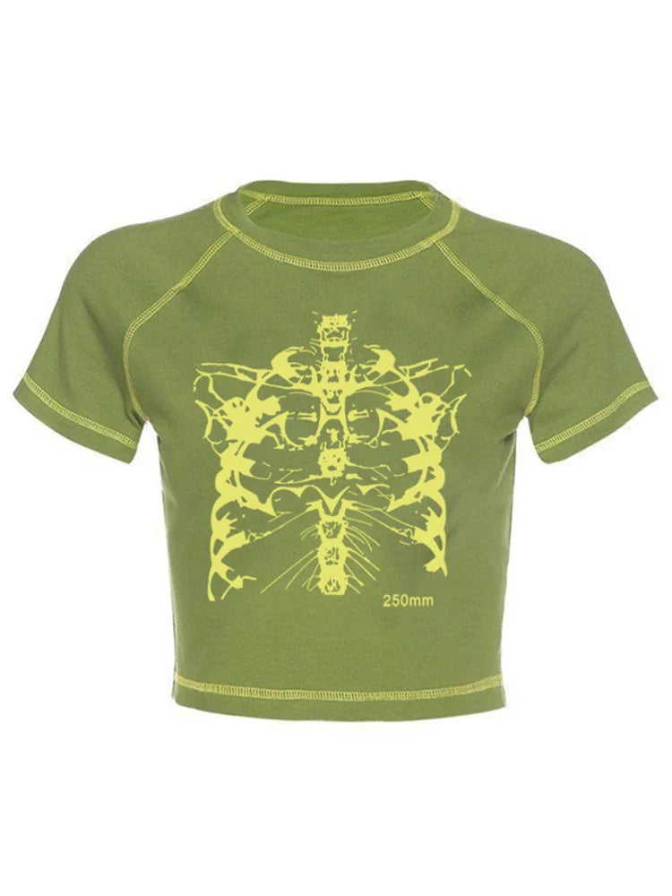 Y2K nero dolce ragazza slim stampa teschio divertente grafica vintage vestiti crop top E-girl
