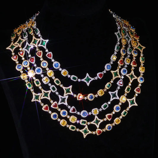 Gioielli Hip Hop Moda Zircone colorato Collana ghiacciata Bracciale a catena con pietre preziose in cristallo placcato oro bianco