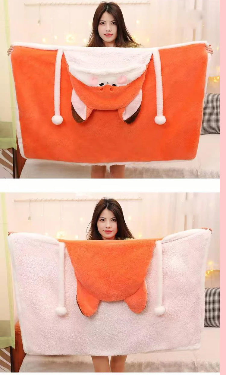 Winter Cartoon Fox Thick Wearable Blanket Nap Cloak Nightgown Office Blanket Adult Cloak
