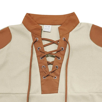 Cross-border new men's waffle color matching strap V-neck top casual long-sleeved bottoming T-shirt PlatiNum