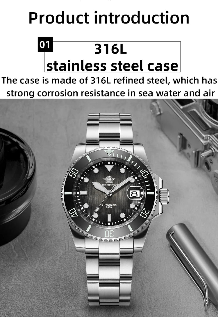 ADDIESDIVE Dive Watch Men NH35A Automatic 200M Waterproof Sapphire Crystal Ceramic Bezel Luminous Steel Wristwatch AD2078