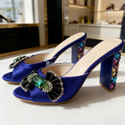 Sandali con tacco alto da donna estivi in seta blu con strass colorati e decorazioni a nodo a farfalla in cristallo per ragazze