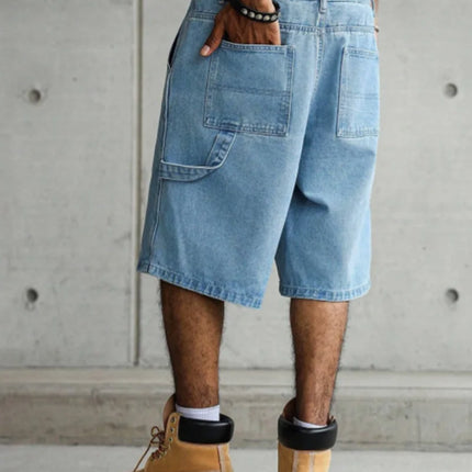 Pantaloncini in Denim Utility a Gamba Larga Blu Chiaro da Uomo per l'Estate