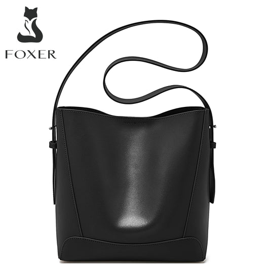 FOXER Lady Women Hobo Bucket Bag Split Leather Fashion Shoulder Bags Large Capacity Handbag Wide Adjustable Strap Female Bags