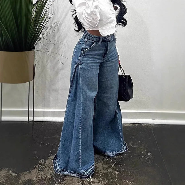 European American New Fashion Women's Spliced Casual Fashion Wide Leg Flared Jeans Streetwear Denim Pants