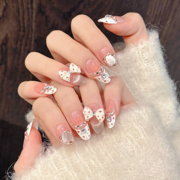 10pcs Handmade Press on Nails French Cat Eye Pink Bow Decor Korean False Nails Wearable Full Cover Ins Almond False Nail Tips 2028