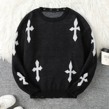 Trendy Street Style Ripped Cross Pattern Pullover Ripped Sweater Casual Crew Neck Knit Men's Pullover