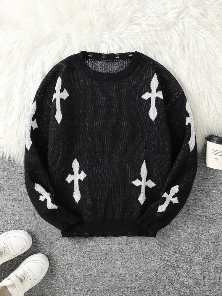 Trendy Street Style Ripped Cross Pattern Pullover Ripped Sweater Casual Crew Neck Knit Men's Pullover