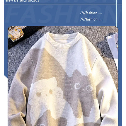 Cartoon Cat's New Knitted Sweater 2025 Men's Autumn/Winter Warm Knitted Sweater Men's Pullover Home Clothes
