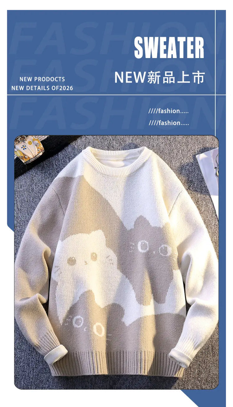 Cartoon Cat's New Knitted Sweater 2025 Men's Autumn/Winter Warm Knitted Sweater Men's Pullover Home Clothes