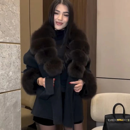 Women Wool Blend Coat Big Faux Fur Collar And Cuffs Belted Waist Wrap Loose Winter Jacket Thick Warm Elegant Lady Outerwears