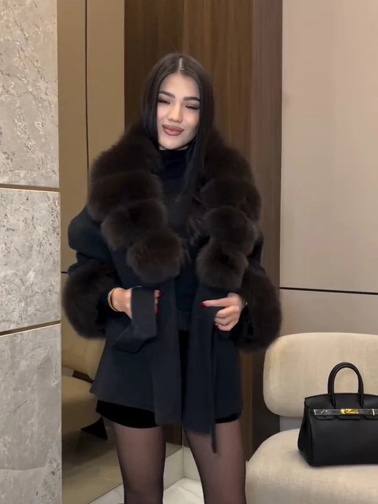 Women Wool Blend Coat Big Faux Fur Collar And Cuffs Belted Waist Wrap Loose Winter Jacket Thick Warm Elegant Lady Outerwears
