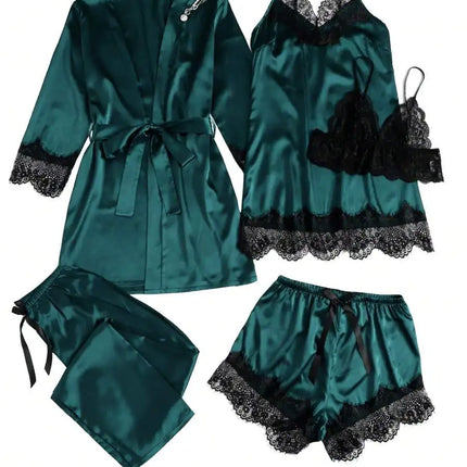 5 pezzi pigiama da notte in raso da donna set accappatoio lingerie sexy accappatoio abito da notte in seta di pizzo pantaloni indumenti da notte vestiti per la casa PJ